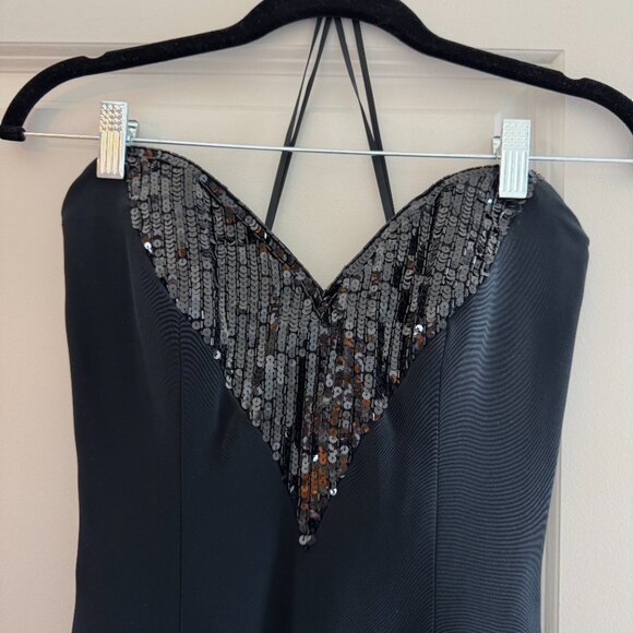 Oleg Cassini Black Tie Penic Dress with Sweetheart Sequin Neckline & Back Slit - Picture 2 of 5